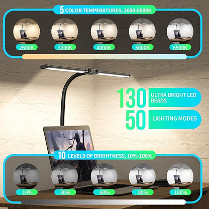 24W LED Desk Lamps for Home Office, Ultra Bright Double Head Architect Task Lamp with Clamp, Desktop Stepless Dimmer 50 Lighting Modes Adjustable Flexible Gooseneck Desk Light