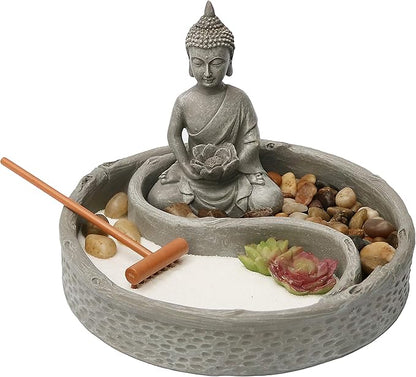 Nature's Mark Mini Zen Garden Kit for Desk with Lotus, Buddha Figures, Rake and Natural Sand River Rocks Table/Desk Décor Gift Set for Home and Office 6 x 6 Inches Round Base