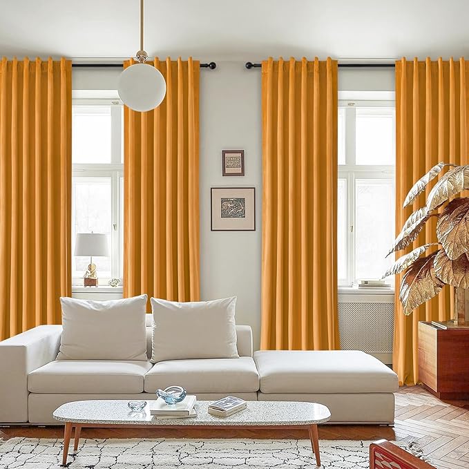 Topfinel 80 Inch Curtains 2 Panel Set for Living Room Rod Pocket Velvet Drapes Room Darkening Farmhouse Boho Yellow Floor Length Curtains 80 Inches Long for Bedroom Dining Room,Mustard Yellow