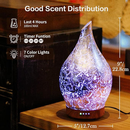 Porseme Essential Oil Diffuser Glass Aromatherapy Ultrasonic Humidifier, Air Refresh Auto Shut-Off, Timer Setting, BPA Free for Home Hotel Yoga Leisure SPA Gift 100ml Last 4H