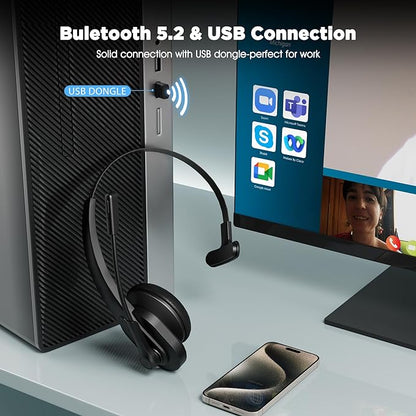 Upgraded Bluetooth Headset, Wireless Headset with Noise Canceling Microphone for Trucker, On-Ear Bluetooth Headset V5.2 with USB Dongle for Computer, Headset with Mute Button for Work