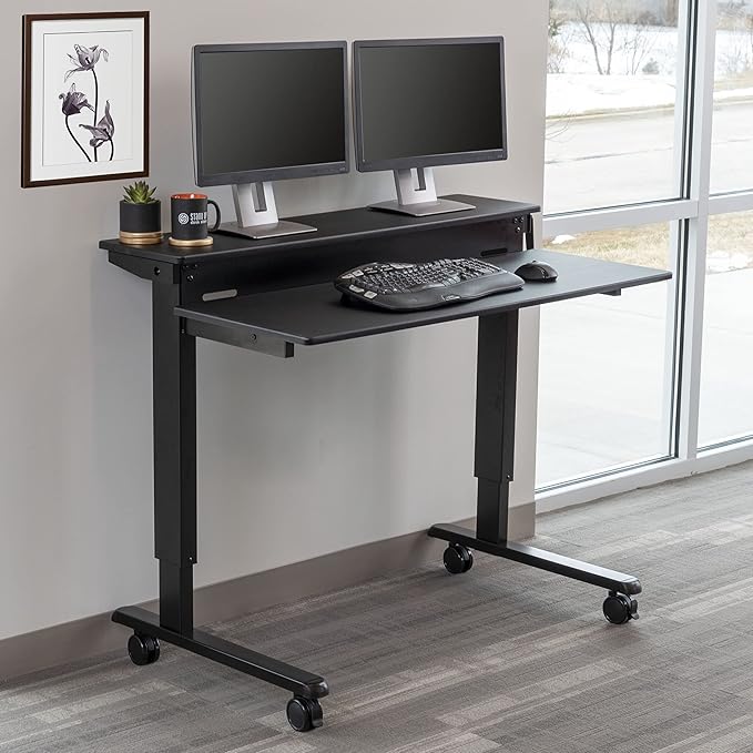 Stand Up Desk Store Crank Adjustable Two Tier Standing Desk with Heavy Duty Steel Frame (Black Frame/Black Top, 48" Wide)