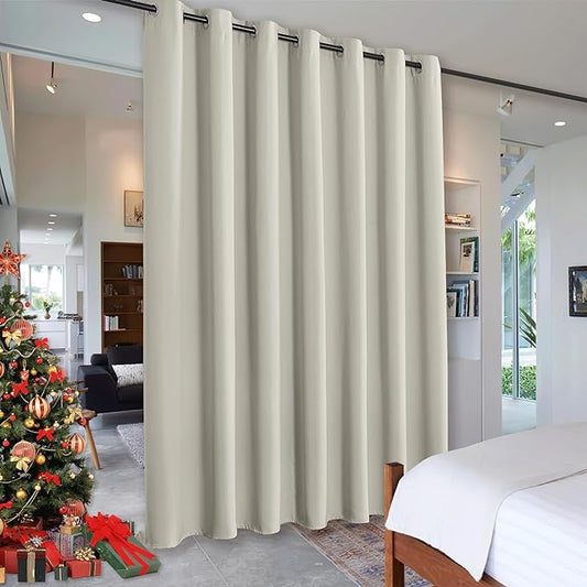 RYB HOME Room Divider Blackout Curtains, Portable Wind Proof Noise Reducing Partition Vertical Blinds for Bedroom Living Room Kitchen Curtain Patio Door Carport, Natural, 1 Pc, W 12.5ft x L 9ft