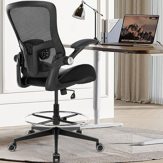 Drafting Chair, Tall Office Chair with Flip-up Armrests, Standing Desk Chair Counter Height Office Chairs with Footrest and Adjustable Lumbar Support Black