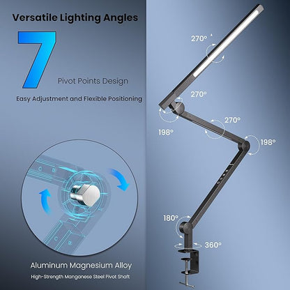 Desk Lamp, Desk Light with Clamp, Stepless Dimming & Adjustable Color Temperature Modern Eye-Caring Architect Lamp with Memory & Timing Function for Study, Work, Home, Office, 15W