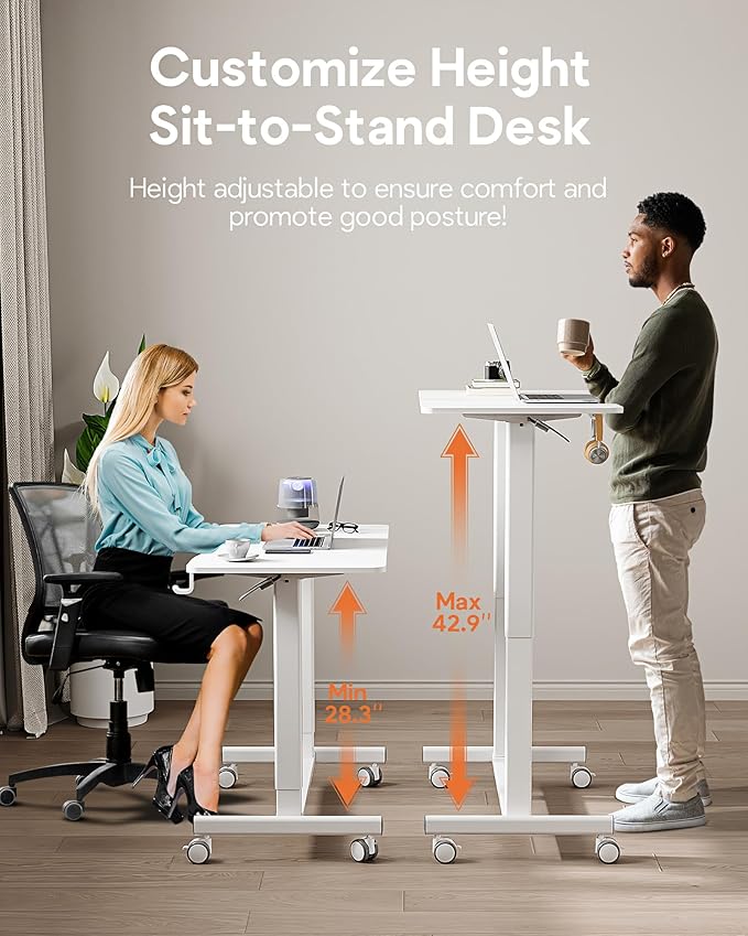 JOY worker Mobile Standing Desk, 35In Small Standing Desk with Curved Desktop, Pneumatic Height Adjustable Rolling Desk Holds Up to 33lbs, White Mobile Laptop Desk with Hook & Cup Holder