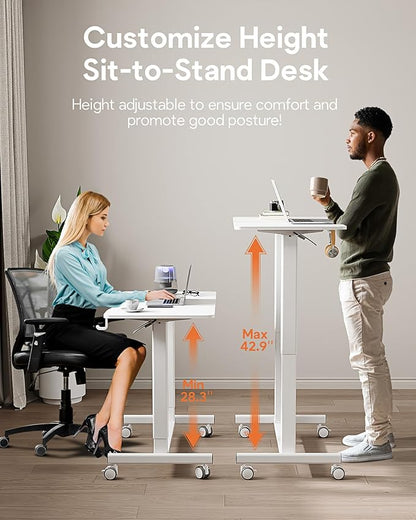 JOY worker Mobile Standing Desk, 35In Small Standing Desk with Curved Desktop, Pneumatic Height Adjustable Rolling Desk Holds Up to 33lbs, White Mobile Laptop Desk with Hook & Cup Holder