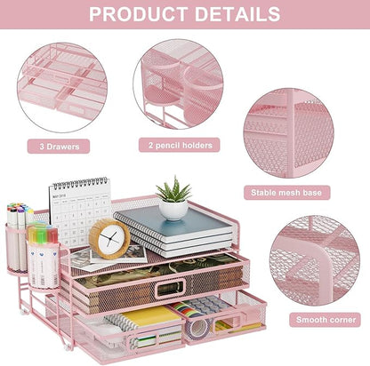 Marbrasse 3 Tier Mesh Desk Organizer with Drawer, Multi-Functional Desk Organizers and Accessories, Paper Letter Organizer with 2 Pen Holder for Home Office Supplies (Pink)