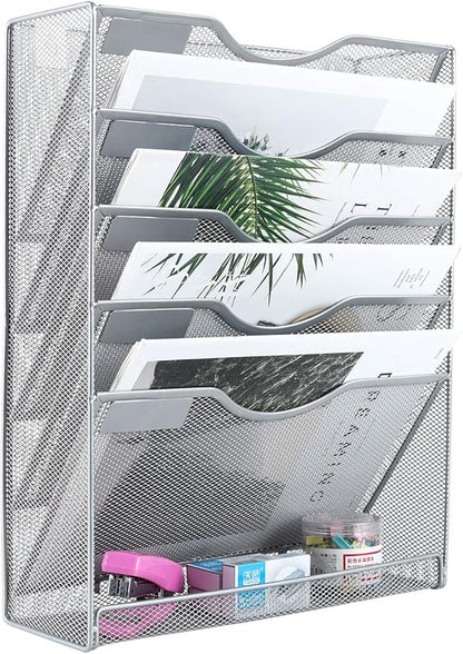 EasyPAG Wall File Organizer Mesh 5 Tier Wall File Holder Desktop Vertical Hanging File Folder Organizer with Bottom Flat Tray Sides Closed,Silver