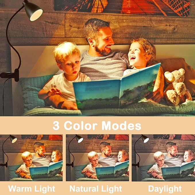 BOHON Desk Lamp 3 Color Modes 10 Brightness Dimmer Reading Light 10W 38 LED Clamp Lamp with Auto Off Timer 360° Flexible Gooseneck Clip on Light for Bed Bedside, AC Adapter Include