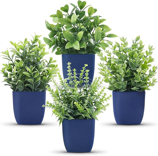 Der Rose 4 Pack Small Fake Plants Artificial Plants Indoor Office Desk Accessories for Aesthetic Room Decor Blue Bathroom Decor