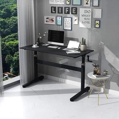 Manual Standing Desk Adjustable Height- Crank Mobile Standing Desk 48 x 24 Inches Sit Stand Desk Frame & Top, Stand Up Desk on Wheels, Computer Desk Black Frame & Black