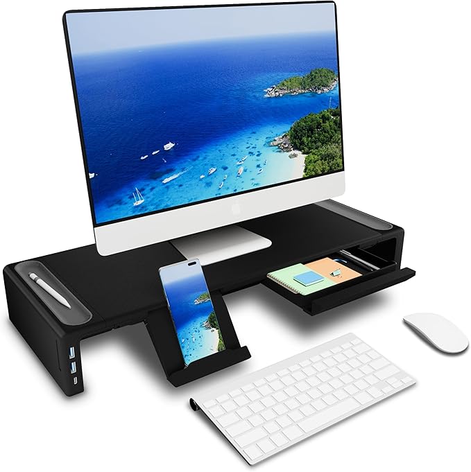 OImaster Monitor Stand Riser, Foldable Computer Monitor Riser, Adjustable Length Computer Stand and Storage Drawer & Pen Slot, Phone Stand Compatible Computer, Desktop, Laptop, Save Space (Black)