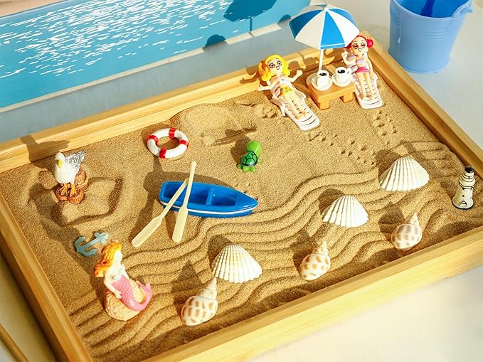 Desktop Miniature Beach Zen Garden - Mini Home Office Tabletop Sandbox Bamboo Rakes Stamps Tray Tool Accessories Kit Meditation Relaxation Decor - Stress Relief Therapy Gifts Kids Adult Father Mother