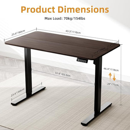 Electric Standing Desk, 43.3" x 23.6" Height Adjustable Sit Stand Desk with Splice Board for Home Office, Computer Desk Memory Preset (Black Frame, Walnut Desktop)