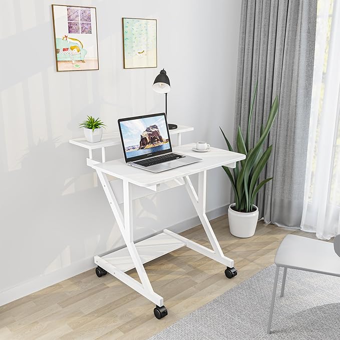 Dripex Computer Desk for Small Spaces, 27.5 inch Small Computer Desk, 3 Tier Compact Desk with Monitor Shelf and Bottom Storage Shelves, Space Saving Desk, White