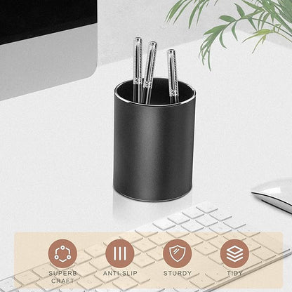 Vaydeer Metal Pen Holder Aluminum Pencil Holder for desk, Round Desktop Organizer and Black Pencil Cup for Office, School, Home and Stationary Supplies (3.15 x 3.15 x 3.94 Inches)