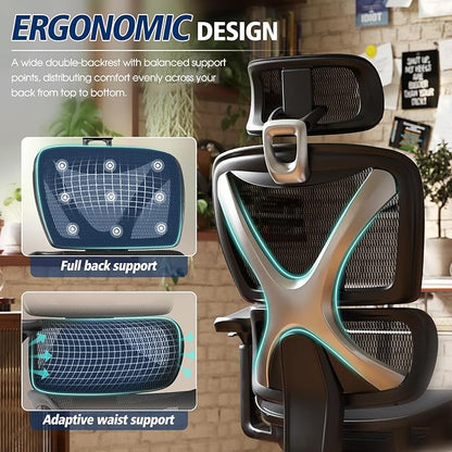 GABRYLLY Ergonomic Office Chair, Big and Tall Mesh Chair with Lumbar Support, 3D armrest - 215° Rotation, Adjustable Headrest & Soft Seat, Durable Computer Chair 350LBS for Work Gaming