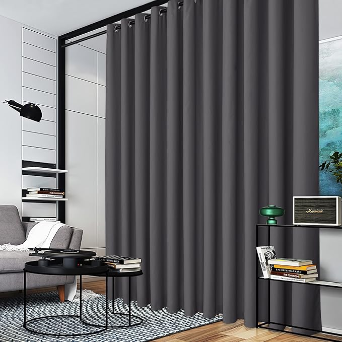 RYB HOME Extra Wide Curtain for Room Divider, Blackout Privacy Soundproof Curtains for Large Window Shared Bedroom Apartment Backdrop Home Theatre Backdrop, Grey, 20ft Wide x 8ft Long