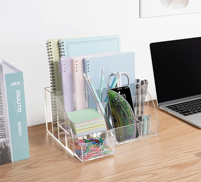 Clear Acrylic Desk Oganizer, 9 Compartments, Office Supplies and Desk Accessories Organizer, Home Decor Desktop Organizer (Clear)