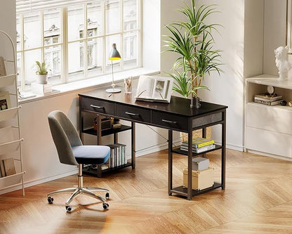 ODK Office Small Computer Desk: Home Table with Fabric Drawers & Storage Shelves, Modern Writing Desk, Black, 48"x16"