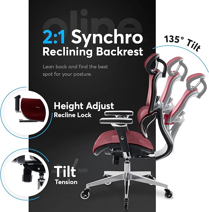 Oline ErgoPro Ergonomic Office Chair - Rolling Desk Chair with 4D Adjustable Armrest, 3D Lumbar Support and Blade Wheels - Mesh Computer Chair, Gaming Chairs, Executive Swivel Chair (Burgundy Red)