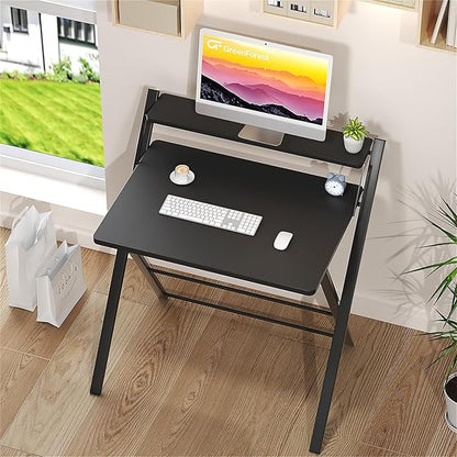 GreenForest Folding Desk No Assembly Required Small Size, 2-Tier Foldable Computer Desk with Shelf for Home Office, Space Saving Portable Laptop Study Foldable Table for Small Spaces, Black