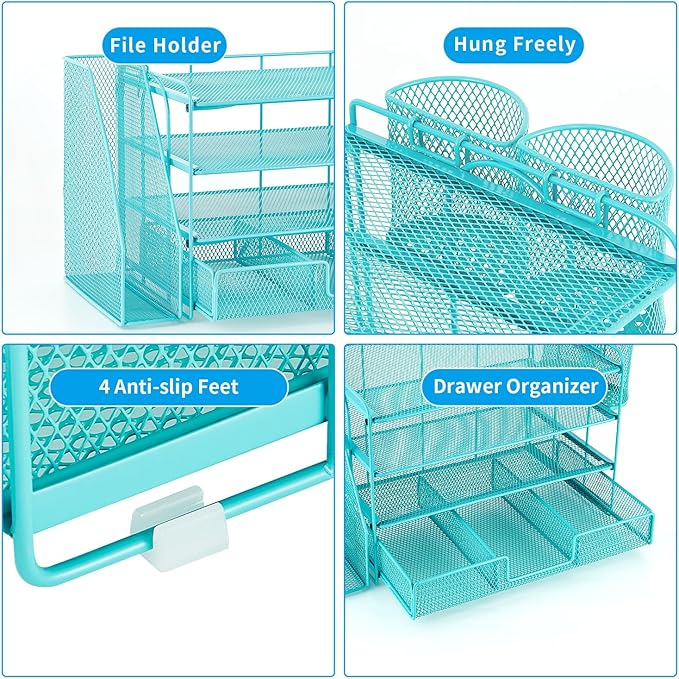 gianotter Paper Letter Tray Organizer with File Holder, 4-Tier Desk Accessories & Workspace Organizers with Drawer and 2 Pen Holder, Desk Organizers and Accessories for Office Supplies (Blue)