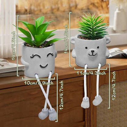 Zerzsy Faux Succulents in Cement Pots with Hanging Leg, Potted Mini Fake Plants for Office Desk Decor, Artificial Succulent Plants Indoor Decorations - Set of 2