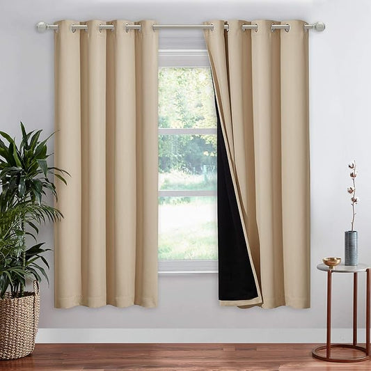 NICETOWN Living Room Completely Shaded Drapery, Privacy Protection & Noise Reducing Ring Top Drape, Black Lined Insulated Window Treatment Curtain Panel (Biscotti Beige, 1 Piece, W52 x L72)