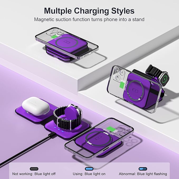 UCOMX 3 in 1 Charging Station for Multple Devices,Foldable 3 in 1 Wireless Charger for Travel,Nano Wireless Charging Station for iPhone16 15 14 13 12 Pro Max/Watch 10 9 8 7 6 5 4 3 Ultra/AirPod Pro