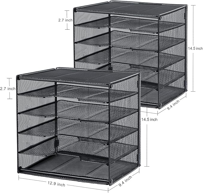 Samstar 2 Pack Paper Letter Tray, Mesh Desk File Organizer with 5 Tier Shelf and Sorter, Black