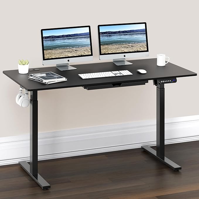 SHW 55-Inch Large Electric Height Adjustable Standing Desk with Drawer, 55 x 28 Inches, Black