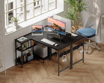 ODK 47 Inch Small L Shaped Computer Desk with Reversible Storage Shelves, L-Shaped Corner Desk with Monitor Stand for Small Space, Modern Simple Writing Study Table for Home Office Workstation, Black