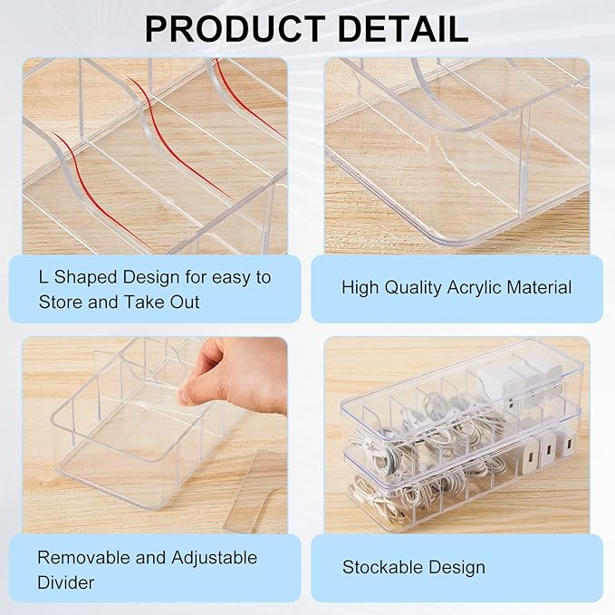 Tatuo 6 Pcs Cable Organizer with 60 Wire Ties, Clear Plastic Cord Storage Box with Lid, Electronics Charger Organizer for Home Office Desk Organizers and Accessories