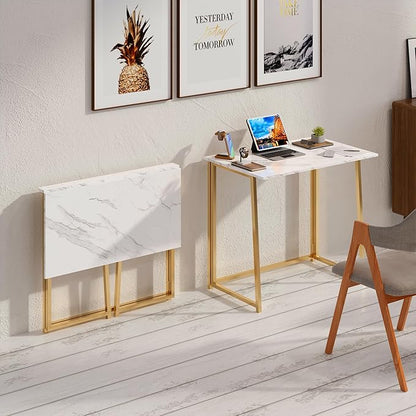 4NM 31.5" Small Folding Desk, Simple Assembly Computer Desk Home Office Desk Study Writing Table for Small Space Offices - White and Golden