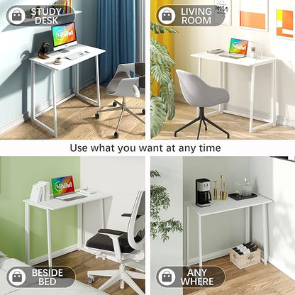 4NM 31.5" Small Desk with Storage Bag, Simple Assembly Folding Computer Desk Home Office Desk Study Writing Table for Small Space Offices - All White