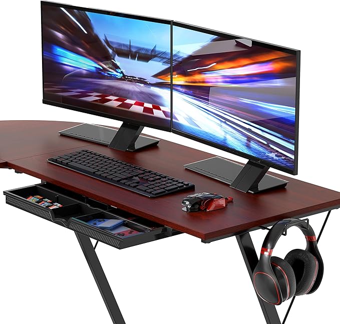 SHW Vista L-Shape Desk with Monitor Stand, Cherry