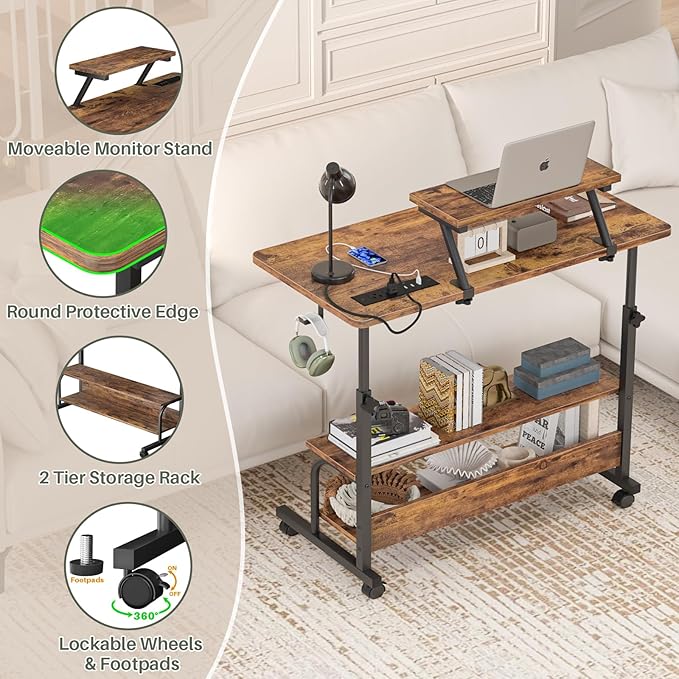 Height Adjustable Standing Desk with Power Outlets and LED Lights - 32" Manual Stand Up Desk with Monitor Stand and Storage Shelves Small Mobile Rolling Computer Desk Portable Laptop Table, Rustic