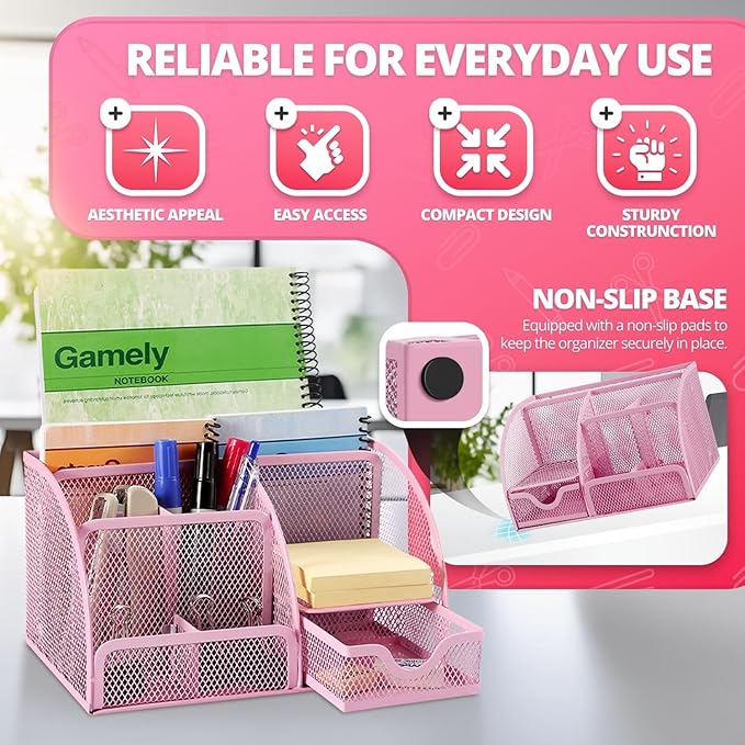 Flexzion Desk Top Caddy Organizer - Pink Office Desk Accessories Organizer and Storage - Metal Mesh Desk with 6 Compartments, Drawer and Pen Holder