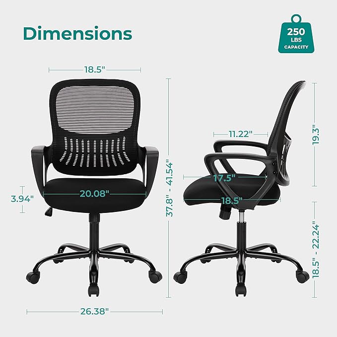 Smug Office Computer Desk Chair, Ergonomic Mid-Back Mesh Rolling Work Swivel Task Chairs with Wheels, Comfortable Lumbar Support, Comfy Arms for Home, Bedroom, Study, Dorm, Student, Adults