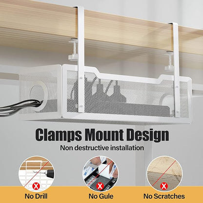 Under Desk Cable Management Tray White, Cinati Cable Management Under Desk No Drill, Cable Tray with Clamp for Desk Wire Management,Desk Cable Management Box for Office, Home - No Damage to Desk