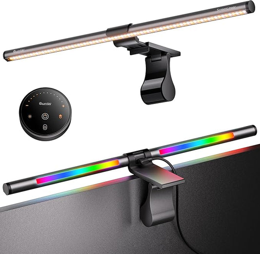 Quntis RGB Pro+ Monitor Light Bar with Remote, 15 Modes Gaming Backlight, 4 Colors & Brightness Dimmable Fronlight, 20" Ra95 Eye-Care USB Reading Monitor Lamp, No Glare, Upgraded Clip for All Monitor