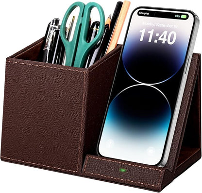 2-in-1 Pen Holder with Wireless Charger, Compatible with iPhone 16/15/14/13/12/11/8 Series, Pencil Holder Phone Stand for Desk Home Office, Men Gift Husband Wife Anniversary Dad Birthday Idea Gadget