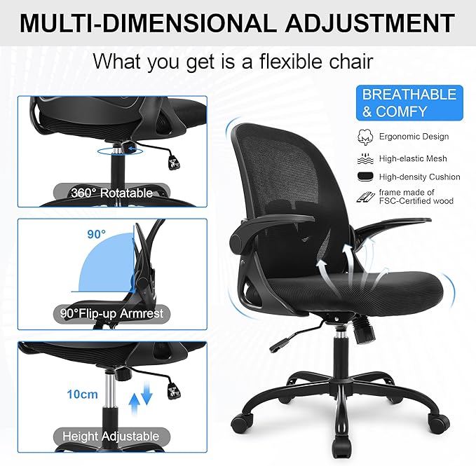 Primy Office Chair Ergonomic Desk Chair with Flip up Armrests Swivel Breathable Desk Mesh Computer Chair with Adjustable Lumbar Support and Height for Conference Room (Black)