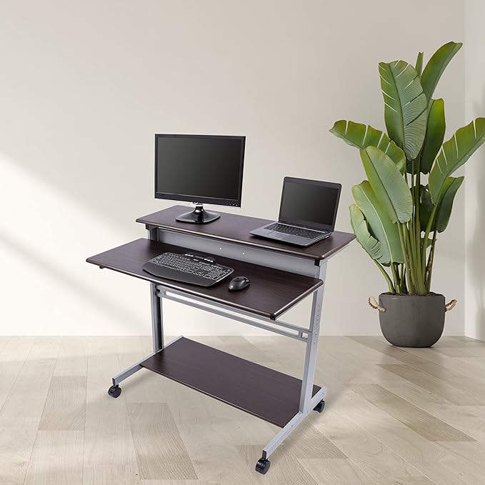 Stand Up Desk Store Rolling Adjustable Height Two Tier Standing Desk Computer Workstation (Silver Frame/Dark Walnut Top, 48" Wide)