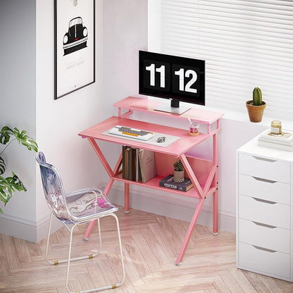 ODK Small Desk, 27.5 Inch Small Computer Desk for Small Spaces, Compact Desk with Storage, Tiny Desk Study Desk with Monitor Stand for Home Office, Pink