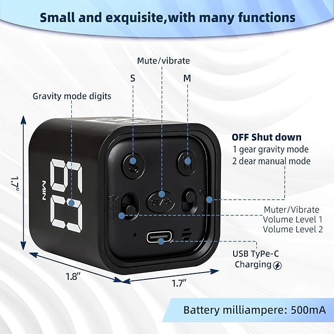 VEWINGL Cube Pomodoro Timer,Rotation Timer,5/10/30/60 Minutes and Custom Countdown,Productivity Timer,Pause and Resume,Silent,Vibrate and Adjustable Sound Alarm for Tasks,Work,Study,Kitchen