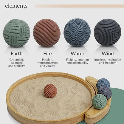 Japanese Zen Garden Kit for Desk - Premium Sand Garden - Mini Zen Décor Office Desktop Accessories - Bamboo Crafted Meditation Therapy Tray - Gift Set - 4 Stamp Spheres Natural Rake Custom Holder