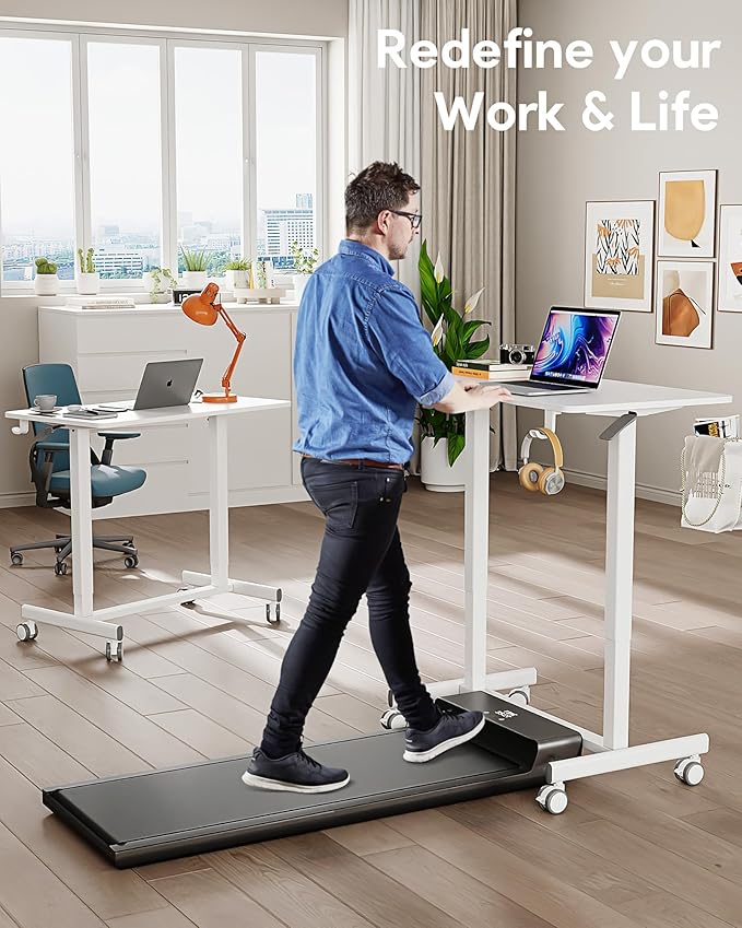 JOY worker Mobile Standing Desk, 35In Small Standing Desk with Curved Desktop, Pneumatic Height Adjustable Rolling Desk Holds Up to 33lbs, White Mobile Laptop Desk with Hook & Cup Holder